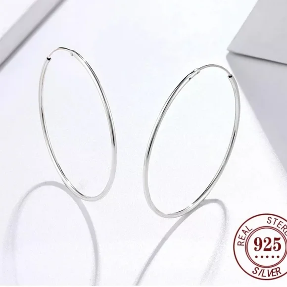 NEW Classic Large Circular 925 Silver Polished Hoop Earrings - Picture 12 of 13
